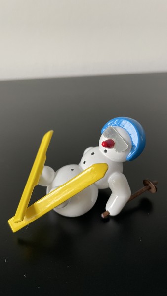 Snowman mit Ski - Helm blau 6cm Dekofigur aus Holz