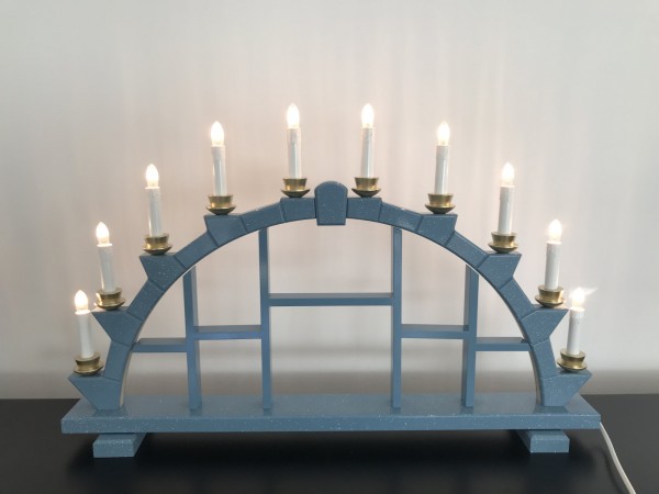 Schwibbogen aus Holz blau mit 10 elekr. Kerzen Setzkasten - 64x40 cm