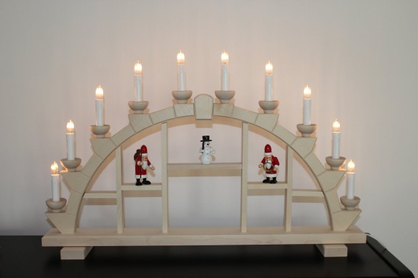 Schwibbogen Holz natur 10 elekr. Kerzen Setzkasten - 64x40 cm Weihnachtsmann + Schneemann